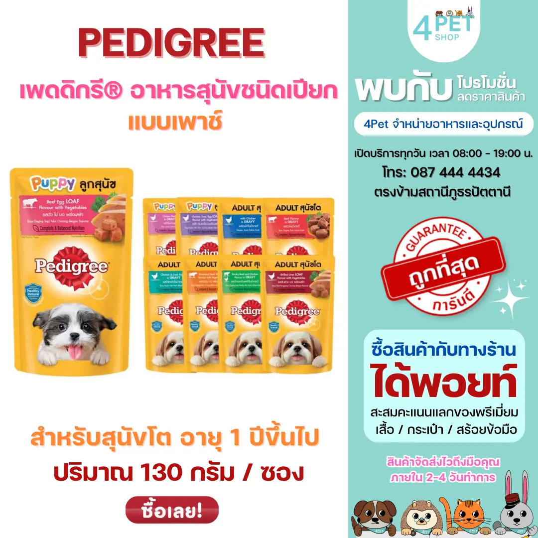 PEDIGREE  เพดดิกรี  อาหารเปียกสุนัขแบบซอง 130 กรัม หลายรสชาติ
