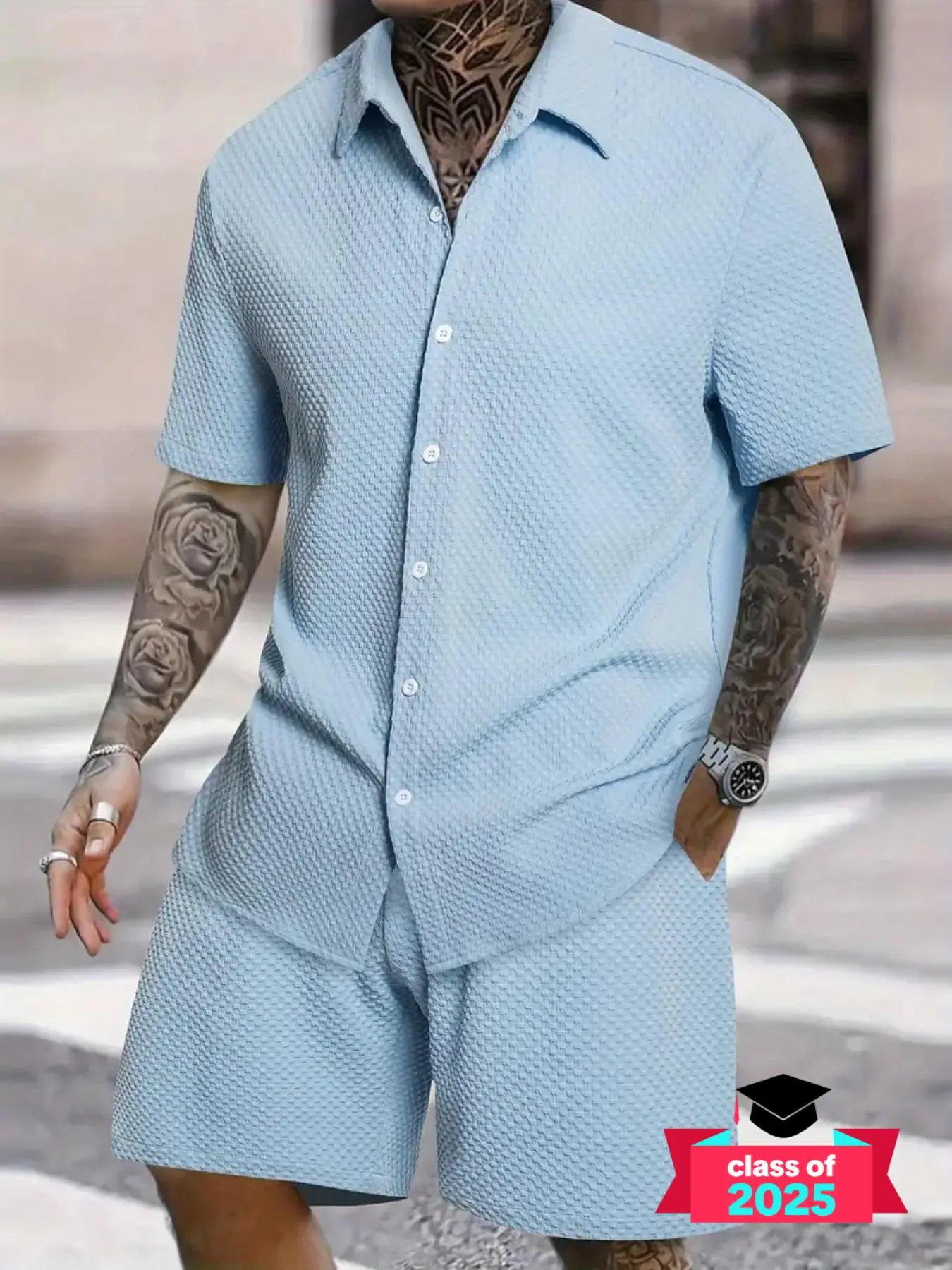 Two-Piece Set Men's Solid Color Textured Button Shirt & Elastic Waist Shorts, Regular Fit Casual Short Sleeve Collared Top & Shorts, Men's Summer Clothes, Menswear