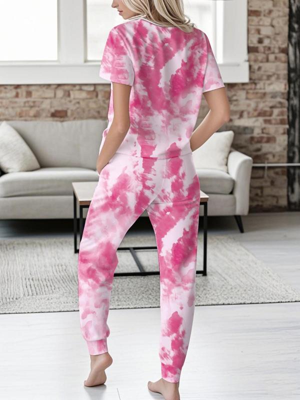 Women's Tie Dye Print Tee & Pants Pajama Two-piece Set, Casual Comfy Short Sleeve T-shirt & Trousers Pj Set, Ladies Sleepwear for All Seasons 1