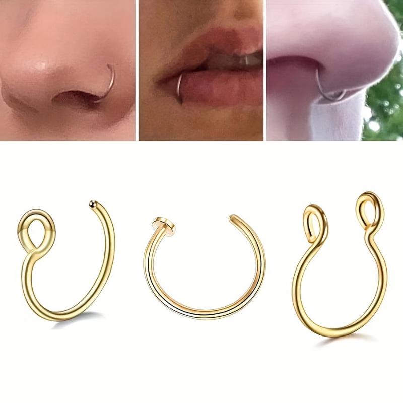 [3pcs Hypoallergenic Nose Rings Set] 3pcs Set Stainless Steel Rings, Unisex Non-Piercing Body Jewelry, Simple Style, C-Shaped Clip Hoops, Piercing Alternatives jewelry 2