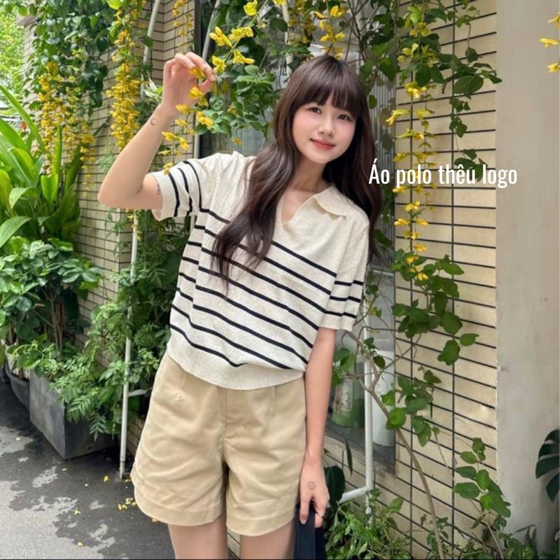 Áo len polo nữ logo thêu hoạ tiết kẻ sọc 40-60kg mongtoghi QC dày dặn mềm mịn không xù phong cách hàn quốc công sở chihua