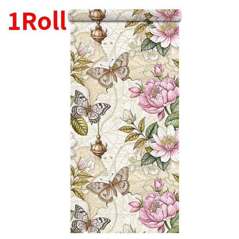 Vintage Floral & Butterfly Pattern Wallpaper, 1 Roll Waterproof Self-Adhesive Removable Paper, Wall Decoration For Home Living Room Bedroom Kitchen, Decorative, Interior 0