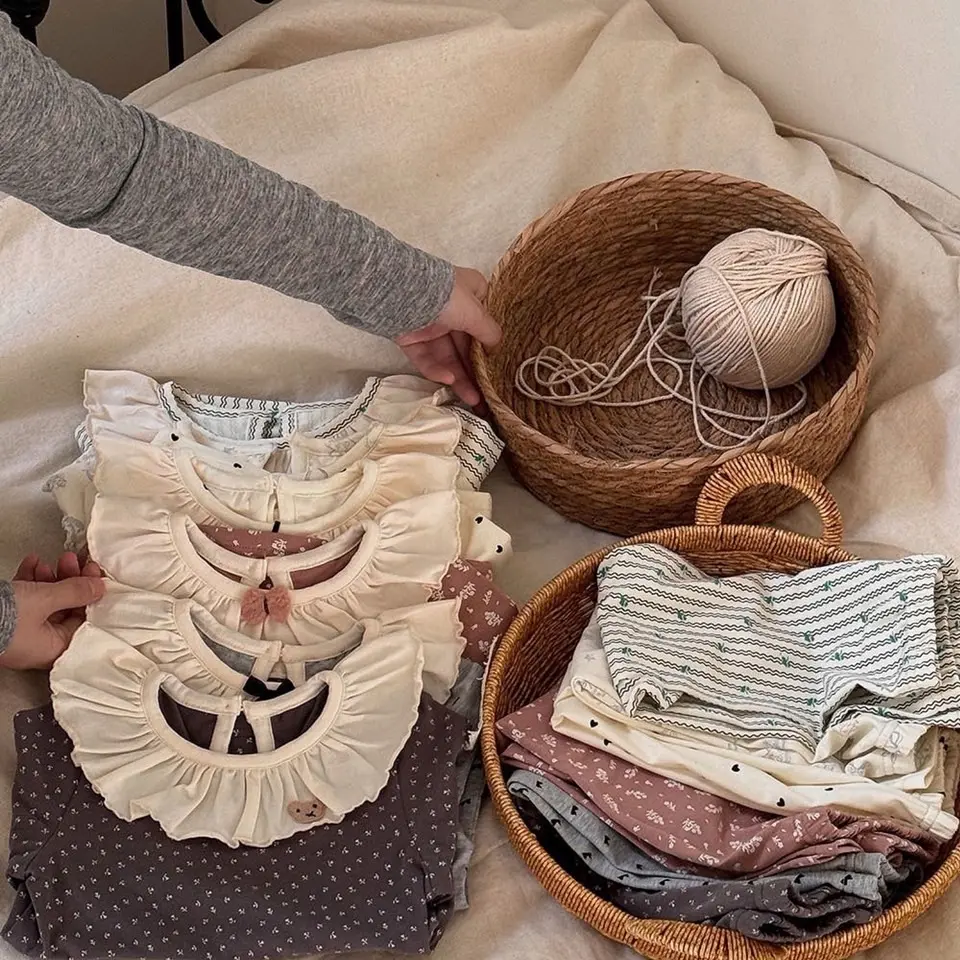 (Linanxi.Kids) Bộ dài tay cổ bèo mặc thu đông chất cotton mềm mại, co giãn cho bé