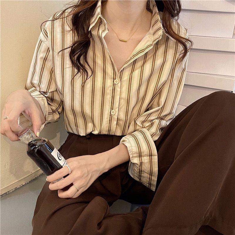 Product Introduction of Áo Sơ Mi Sọc Dọc, Dành Cho Nữ, Bộ Đồ Mùa Thu, Áo Sơ Mi Lớp Cơ Sở Bên Trong, Áo Sơ Mi Áo Bó Sát Sang Trọng, Đầu Thu 2022 Hàng Mới Về 4