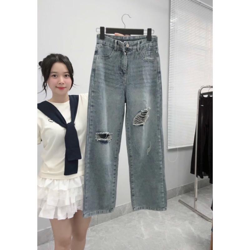 (SUÔNG NẤM LÙN RÁCH) QUẦN JEANS NỮ ỐNG SUÔNG PHỐI RÁCH 2 bên CỰC KỲ CÁ TÍNH (2 loại 90cm và 100cm) Pants Ong quansuong namlun Có Túi