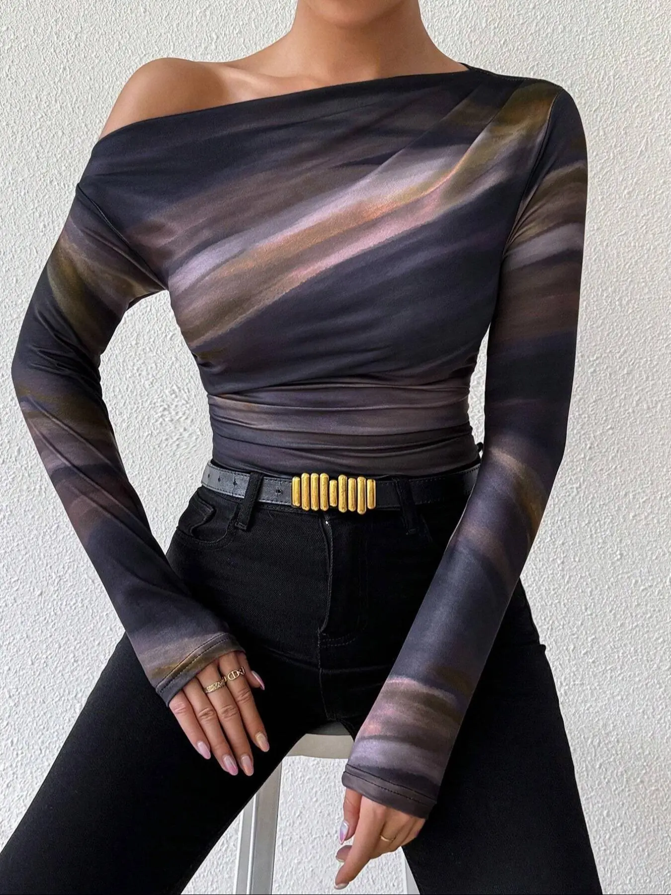 Women's Tie Dye Print Ruched Asymmetrical Neck Tee, Elegant Long Sleeve T-shirt for Spring & Fall, Women's Top for Daily Wear