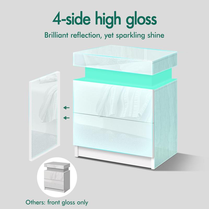 ELFORDSON Bedside Table LED Bedside Cabinet 4 Side High Gloss Nightstand White 6