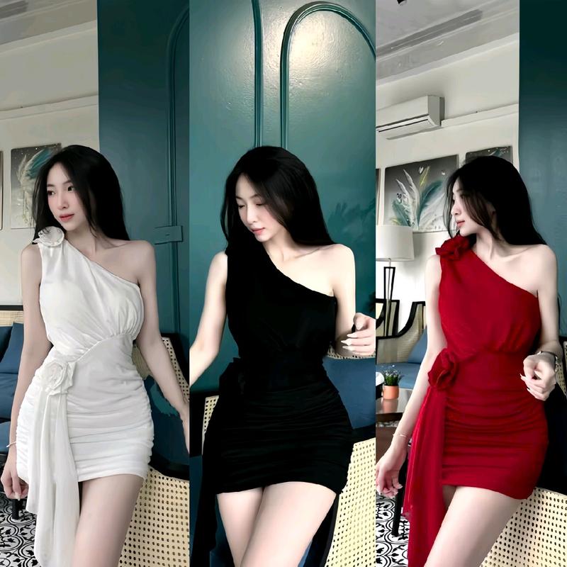 Đầm nhũ lệch vai 2 hoa nhúm eo vạt dài ôm body sang trọng dự tiệc Đen Nữ Dress váy Xmas Tết váy trễ vai đỏ