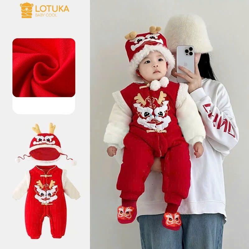 Bodysuit Tết Rồng 2025 Nỉ Bông Phối Lông Cừu Ấm Áp Cho Bé, Bodysuit LOTUKA Cho Bé Trai Bé Gái, Quần Áo Trẻ Em 3-12kg Cotton