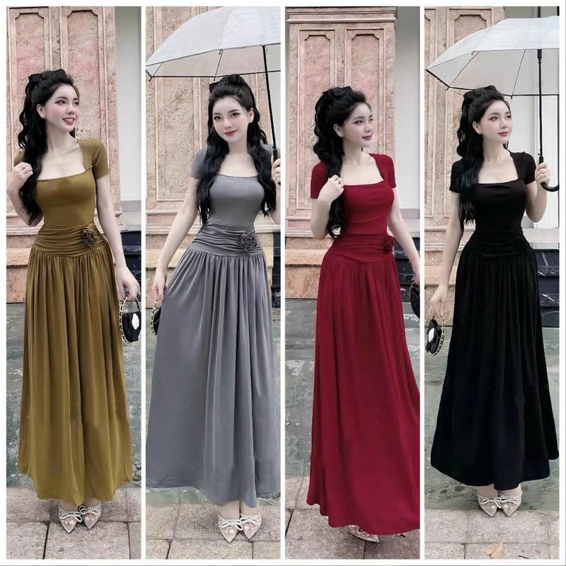 Đầm body dáng dài maxi hông đính hoa cổ vuông tay ngắn chất thun tăm lạnh-Đầm đi tiệc, đi chơi, đi làm H Nữ Women Dress