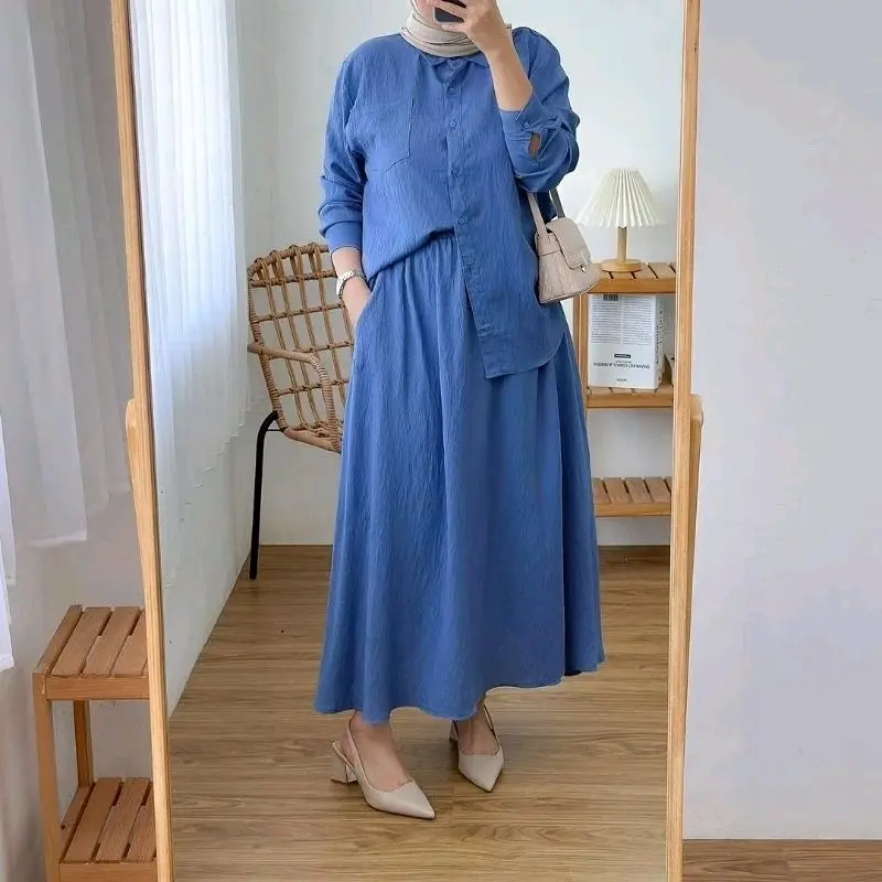 Humaira One Set Skirt | Setelan Rok Muslim Wanita Remaja Crinkle Airflow | Full Kancing Kantong Rok Melar Full Karet Kerah Kemeja 1
