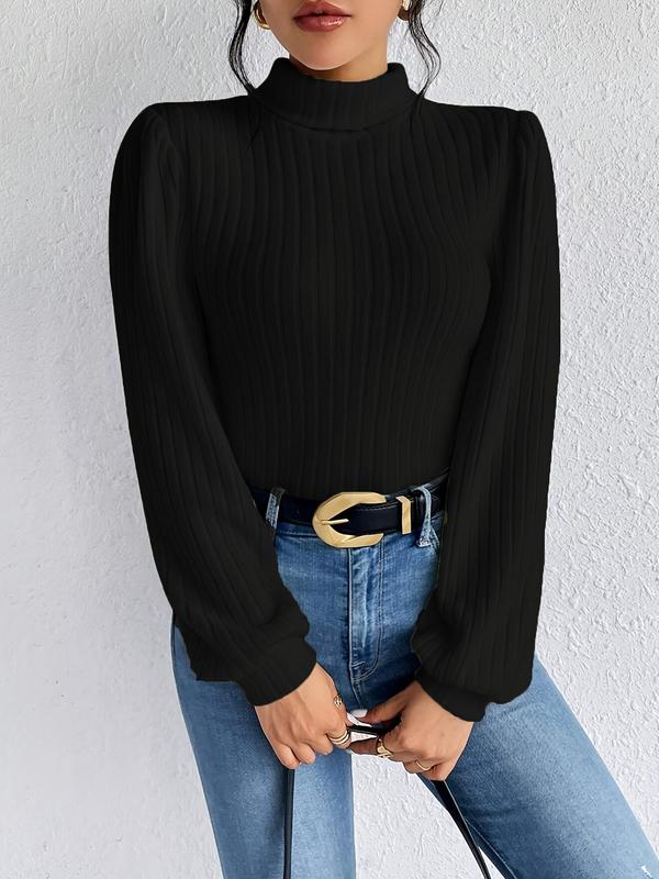 Women's Plain Bishop Sleeve High Neck Knit Top, Casual Long Sleeve Ribbed Knitwear for Fall & Winter, Women's Knit Clothing for Daily Wear 1