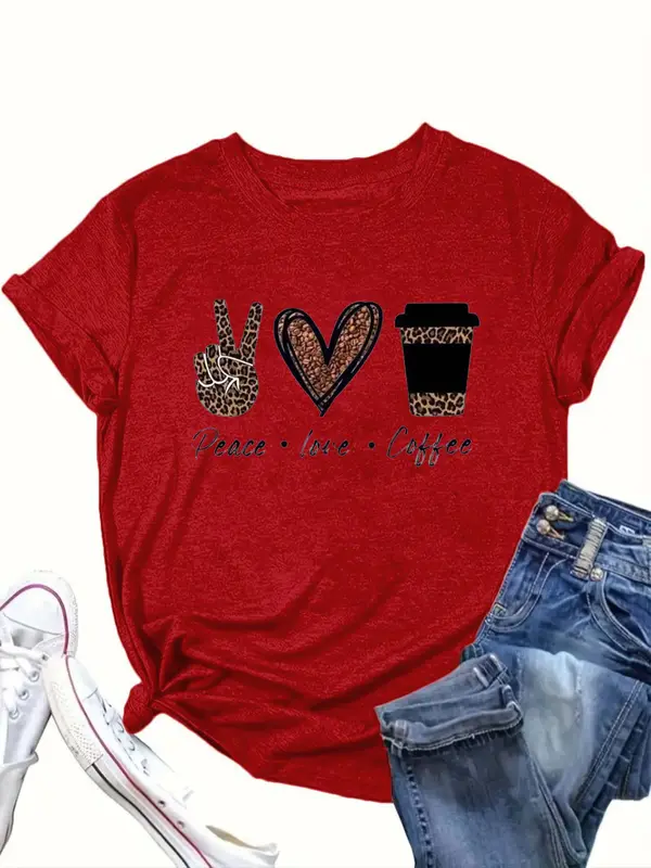【Plus Size】 Cartoon Coffee Cup & Heart Print Round Neck Tee, Fashion Casual Crew Neck Short Sleeve T-Shirt for Daily Outdoor Wear, Women Clothing for Summer 4