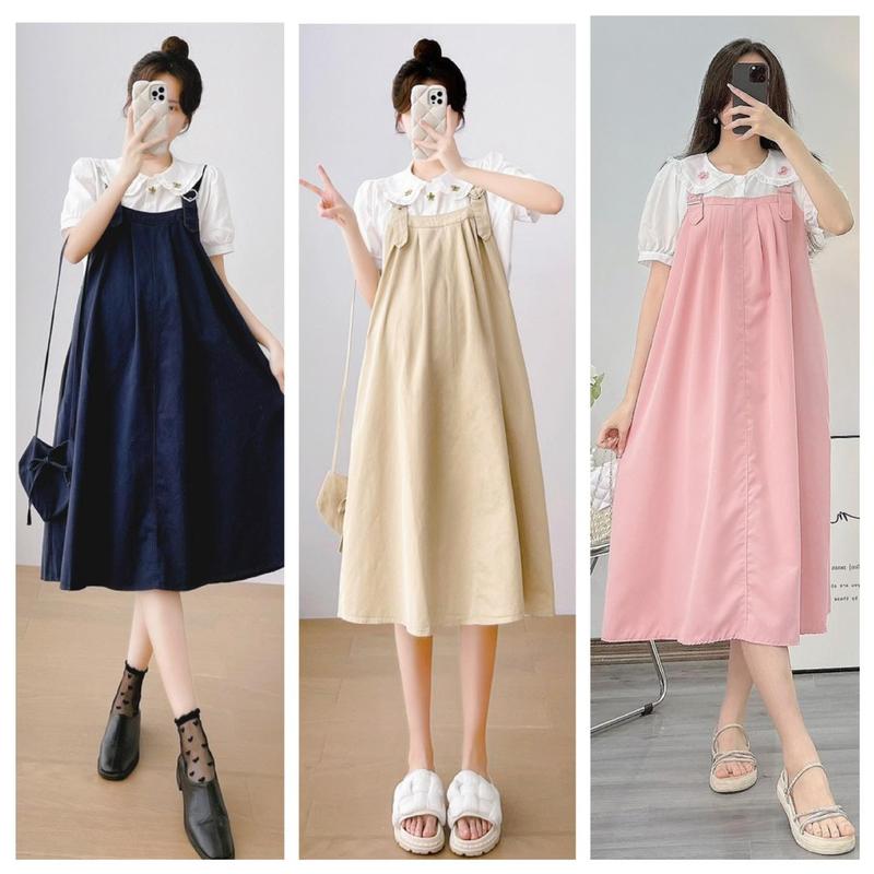 BOBIMOM - đầm bầu giả yếm cổ sơ mi, cho mẹ bầu mặc đi làm, đi chơi, đi tiệc xinh dễ thương qua gối lịch sự, vải cotton thái bao mềm mát, đầm bầu hè mát Váy Bầu Voi