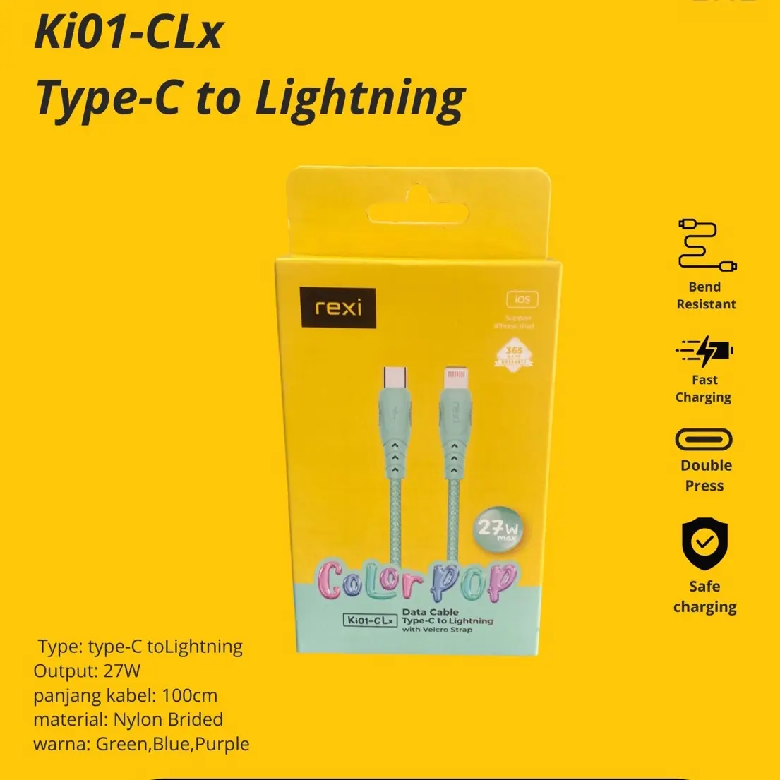 Ki01-CLx. Data cable type-C to Lightning Hijau Kabel