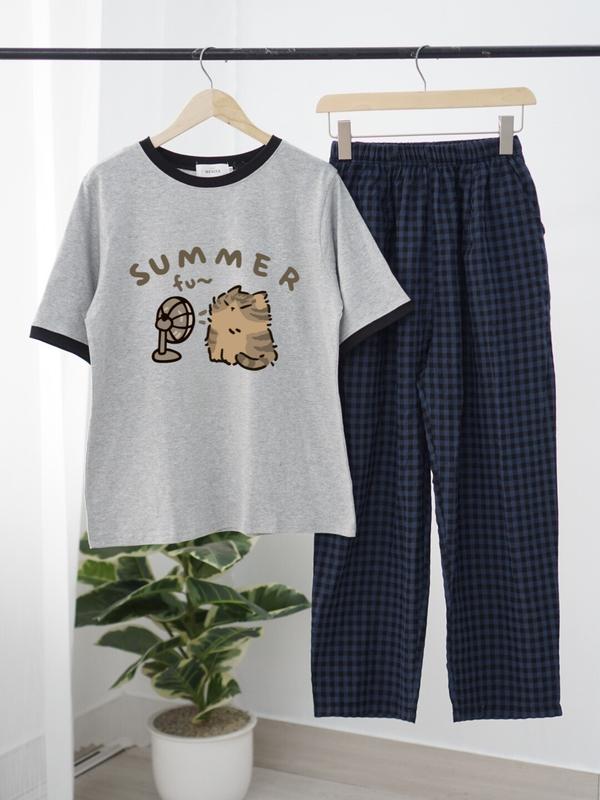 Đồ Bộ Quần Dài Áo Tay Ngắn áo thun cổ viền mùa hè NEOVN - Đồ bộ áo cotton 100% quần đũi thoáng mát mặc ngủ mùa hè Quần Ngủ Nữ Women