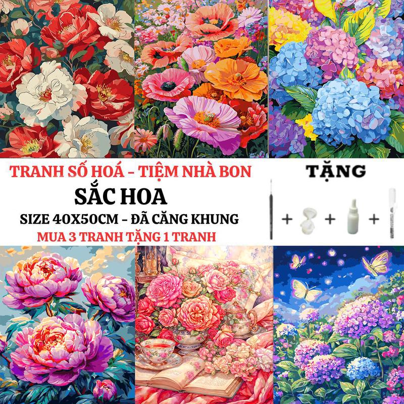 (40X50cm-CÓ BACKBOARD) Tranh tô màu theo số SẮC HOA có sẵn khung, cọ vẽ, màu vẽ, tặng màu bóng, bút xóa số, dung môi pha loãng và cọ chuyên dụng. Mua 3 tranh tặng 1 tranh Diy Tô Màu Vẽ Tranh