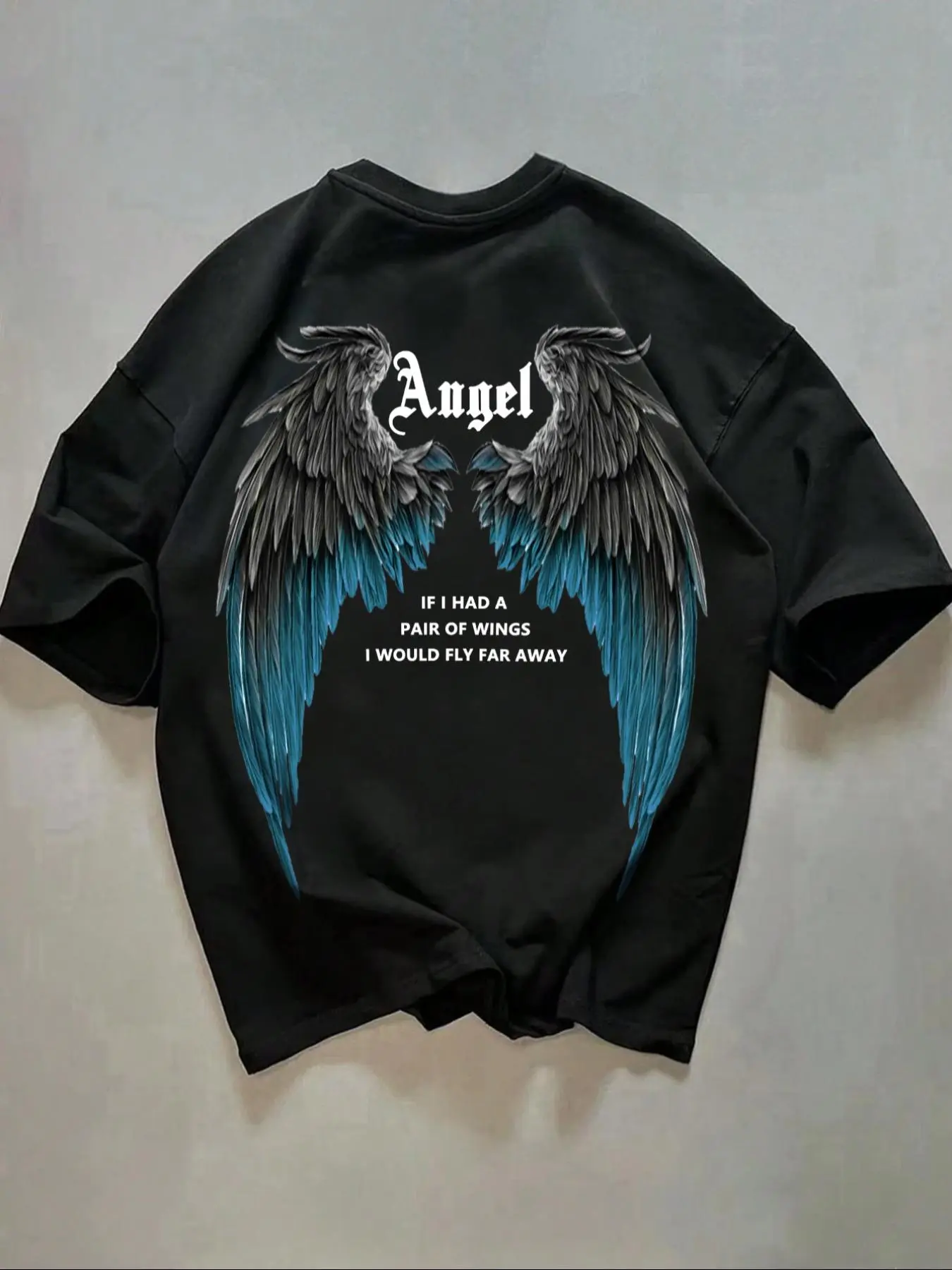 Men's Angel Wing & Letter Print Short Sleeve Tee, Casual Comfy Round Neck T-shirt for Daily Wear, Men's Top for All Seasons, Tropical