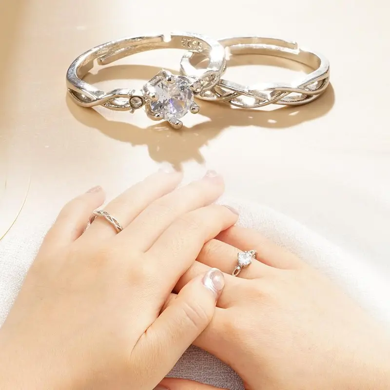 Nhẫn Ngón Tay Kim Cương Giả, Hợp Kim Đơn Giản, Dành Cho Phụ Nữ Và Nam Giới, Cá Tính, Mở Có Thể Điều Chỉnh Nhẫn Đôi, Phụ Kiện Đám Cưới 4