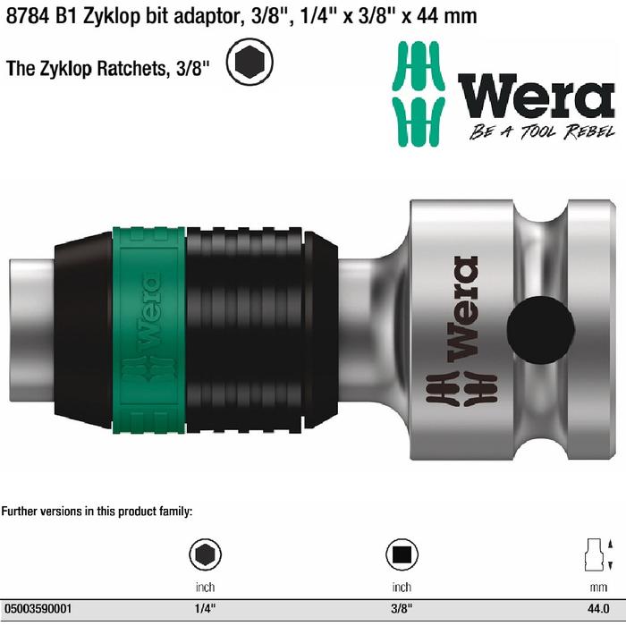 Wera 05003590001 - 8784 B1 Zyklop Bit Adaptor. 3/8 Adaptor - Federated Tool Supply