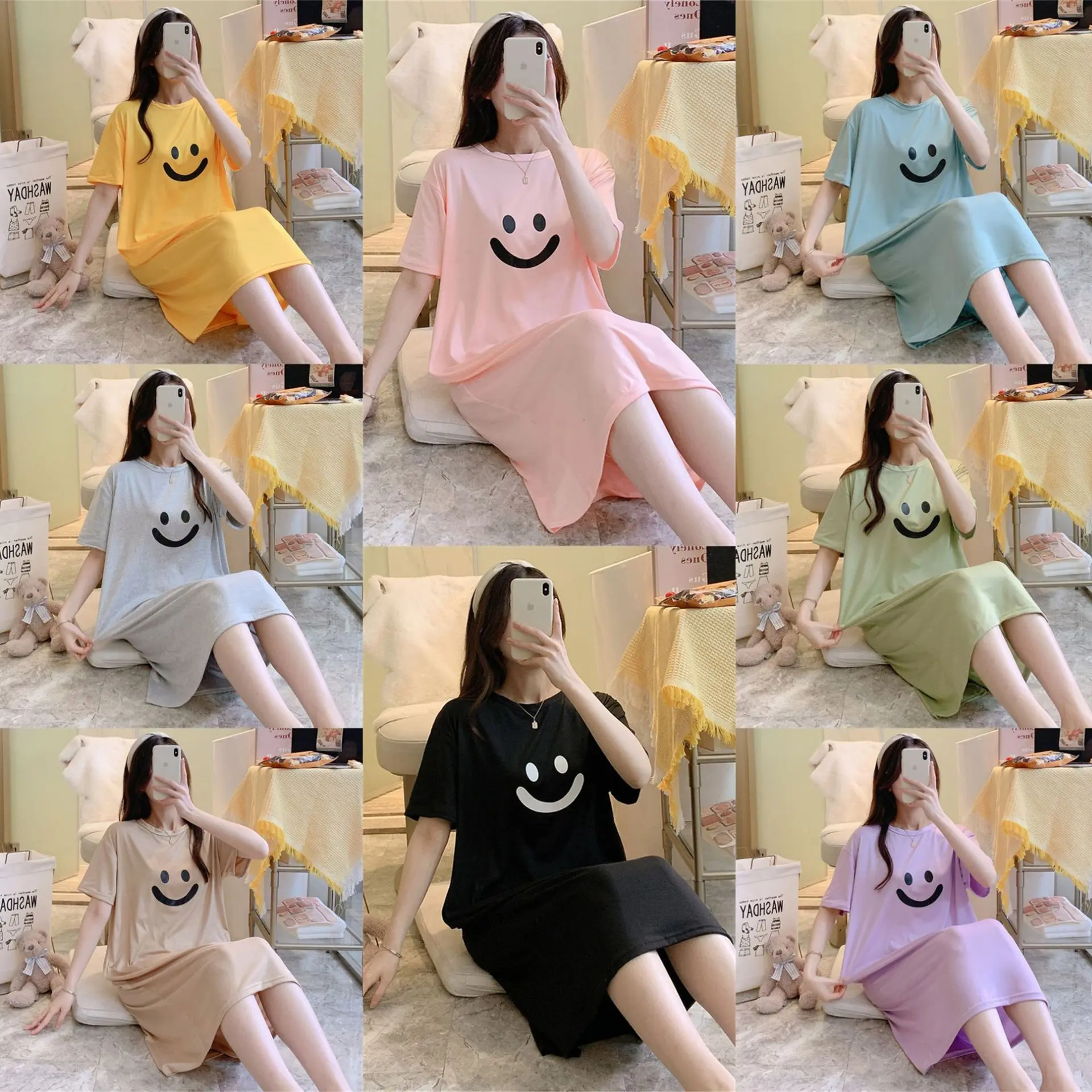 Internet celebrity hot short sleeved nightgown for women in summer, mid to long style, over the knee casual plus size, loose solid color, smiling face home clothes