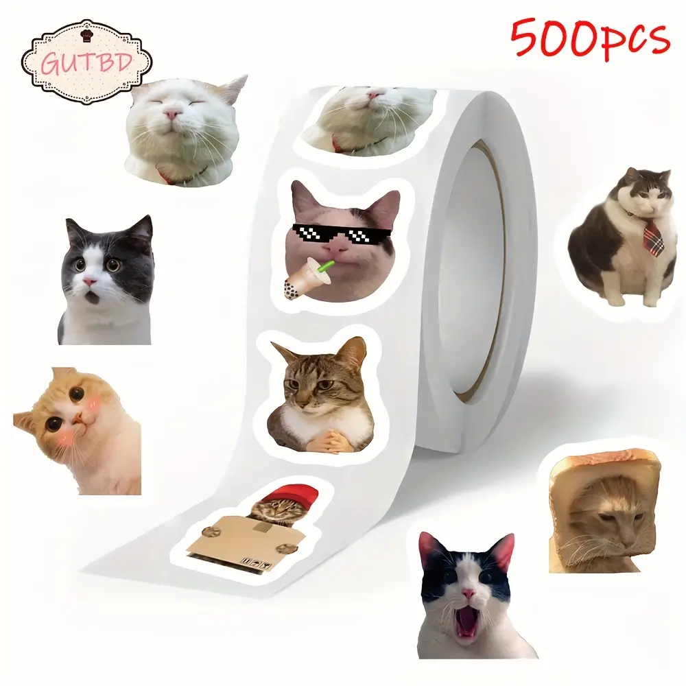 500Pcs/Roll Cat Meme Stickers Roll Cute Decals for Laptops Skateboards Water Bottles Phones Durable PVC Sealing Packing Stickers