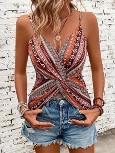 Women's All Over Print Cami Top, Boho Casual Fitted Spaghetti Strap Sleeveless Top for Summer, Fashion Women's Top for Daily Wear, Bohemian Womenswear, Lady Crop Tops, Casual Soft Sleeveless Top