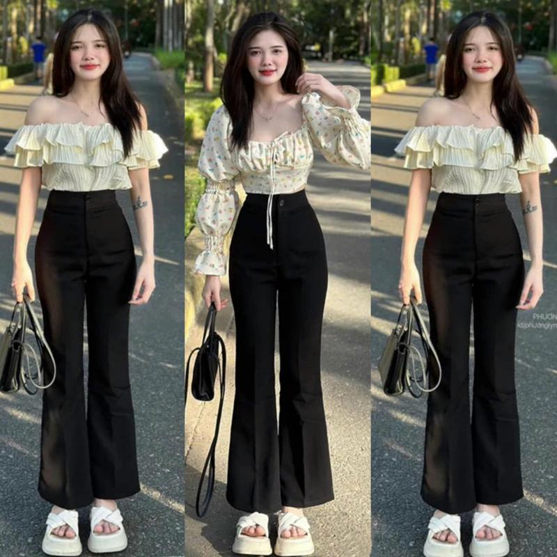 Quần Đen ống loe lưng cao 1 2 cúc Đi học làm công sở Hack dáng dài 95cm Quần ống loe vải cạp cao ống rộng dài vải dày mềm Ong Nữ Women Pants Loang