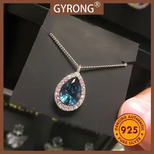 GYRONG Liontin Zircon Biru Tetes Mewah Ringan Yang Elegan Dan Indah