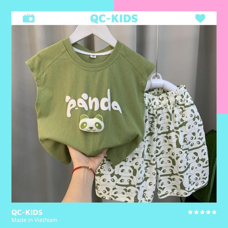 Quần áo trẻ em mùa hè bộ quần áo 3 lỗ bé trai chất liệu cotton đính tặng gấu panda nhồi bông cho bé 8-18kg