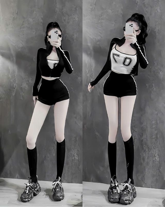 Bộ 3 món tăm lạnh Áo dây in số Croptop Kèm khoác ngắn khoá kéo phối quần đùi cao ôm viền sành điệu cá tính cho nữ set đồ đẹp