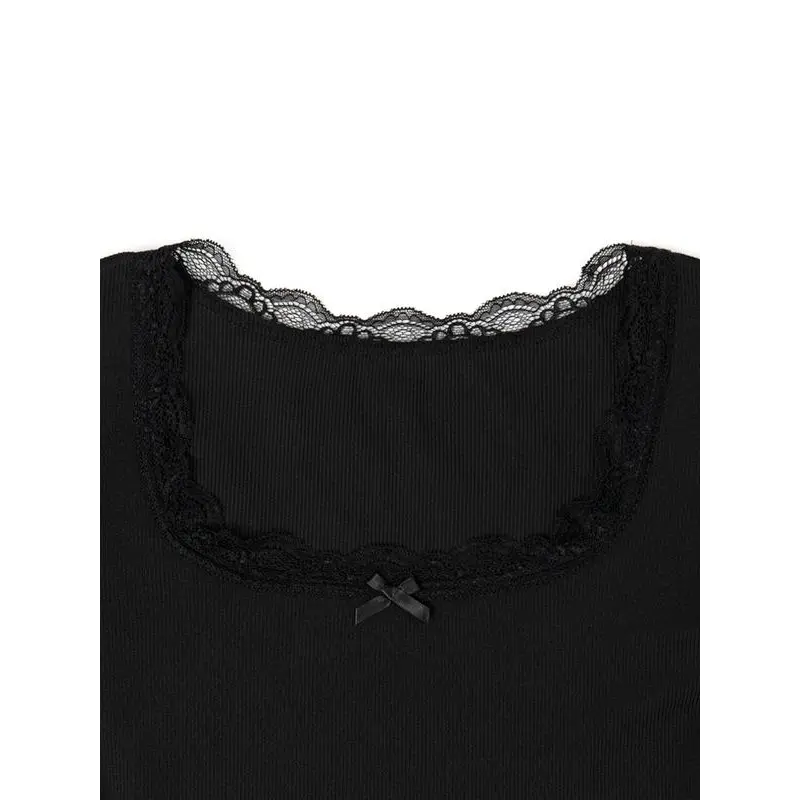 Women's Plain Lace Trim Ribbed Crop Tee, Casual Short Sleeve T-shirt for Summer, Ladies Clothes for Daily Wear 4