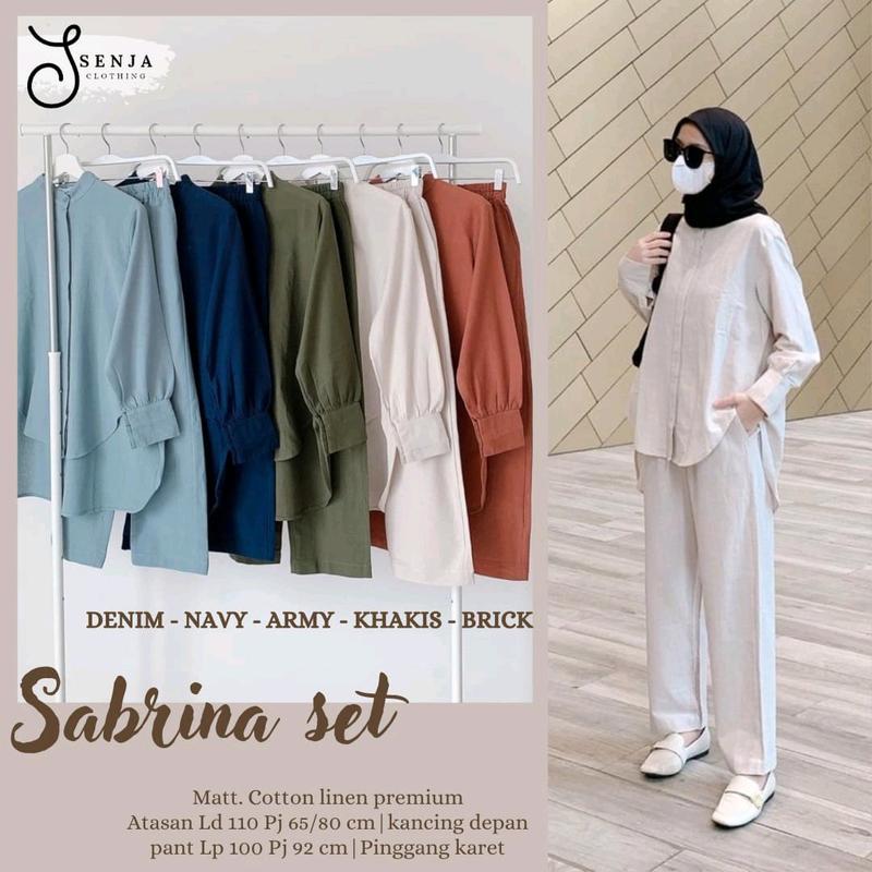 sabrina set bahan katun linen  Muslim Wanita Setelan Dewasa Baju Celana Kancing Karet Panjang Casual 4