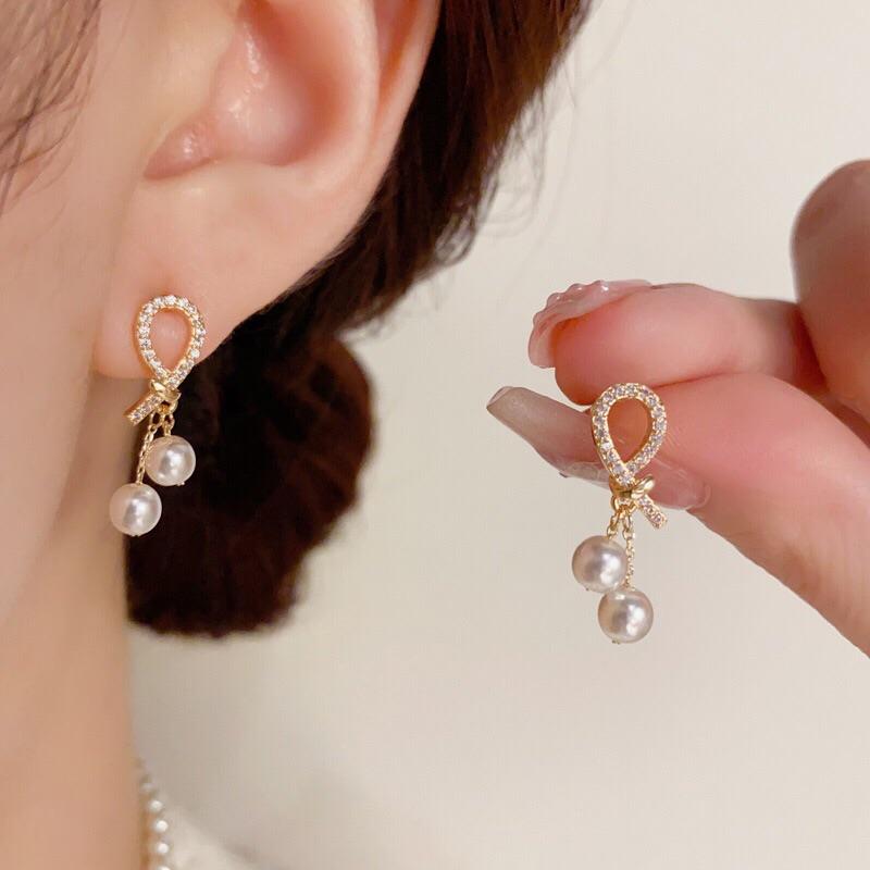 K9 Khuyên tai nữ thắt khuy thả ngọc dễ thương 1