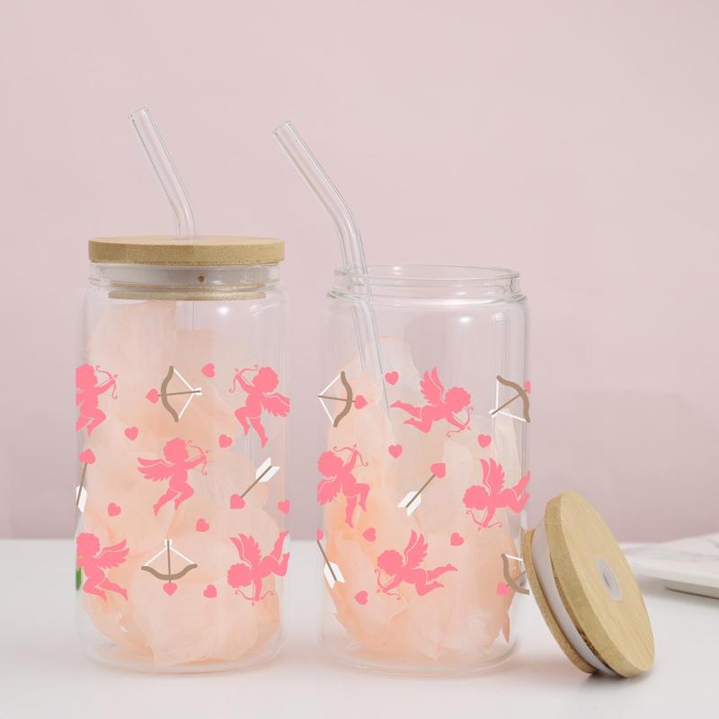 Product Introduction of Heart & Cupid Pattern Glass Cup with Straw & Lid, 1 Count 16oz Heat Resistant Drinking Cup, Creative Drinkware for Home Office Use 3