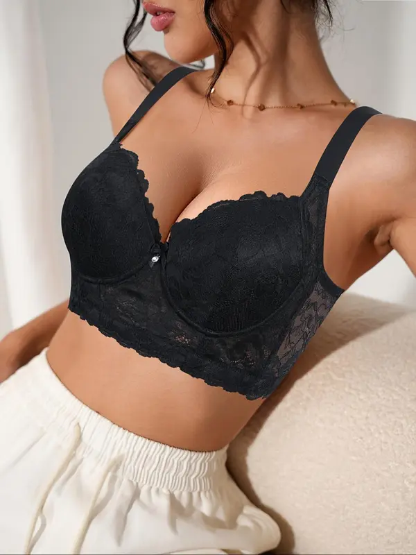 Women's Solid Color Lace Bra, Adjustable Strap Push Up Bra, Soft Comfortable Breathable Underwear for Women, Lingerie for All Seasons 6