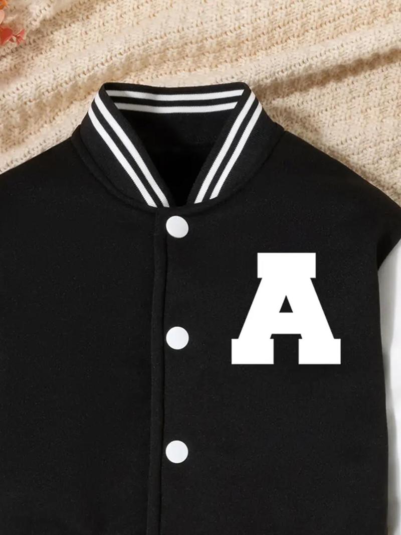 Product Introduction of Girl's Colorblock Letter Print Drop Shoulder Varsity Jacket, Casual Mock Neck Long Sleeve Outerwear for Fall & Winter, Kids Clothes for Daily Wear 10