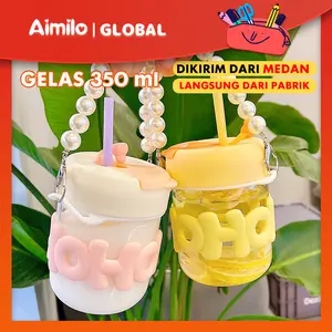 Aimilo - Gelas Kaca Tumbler HOHO 350ml Glass Kopi Aesthetic Cup dengan Gantungan Dan Sedotan Kaca