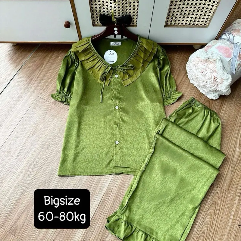 (Bigsize 60-80kg) Bộ tiểu thư cổ bèo màu trơn phối voan chất lụa xước tay ngắn quần dài Nữ Nhung Nho Áo  Quần Ngủ Pijama  Voi Áo Ngủ 4