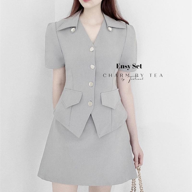 Thiết kế Charm By Tea ,màu xám Tay ngắn,mã :ENSY SET Nữ Women Nữ Women Nữ Women