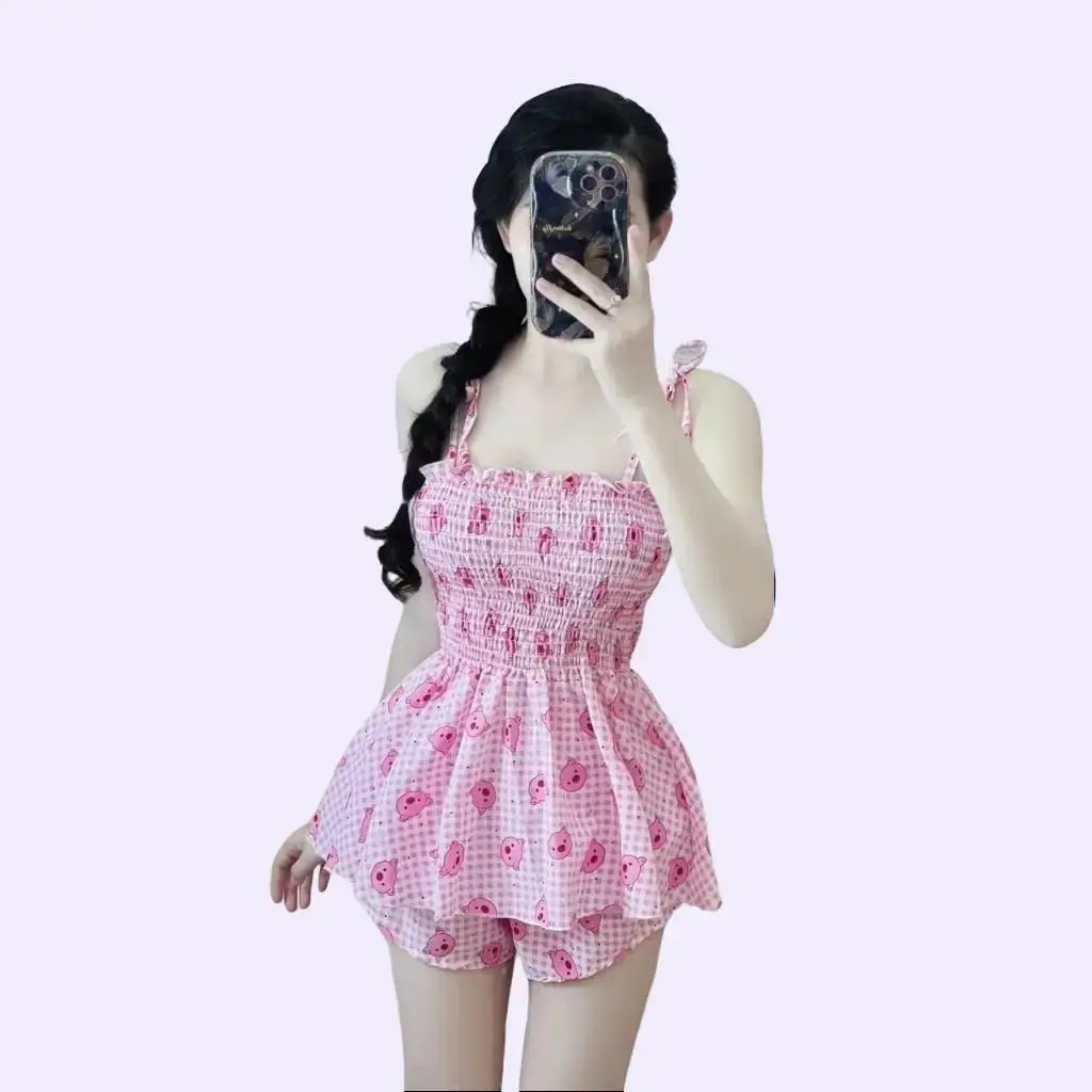 SET188 Set Bộ Nữ Kate Trắng Họa Tiết Trái Tim, Pig, Chấm Bi, Gấu - Áo 2 Dây Nhún Chỉ, Quần Đùi Freesize Dưới 52kg