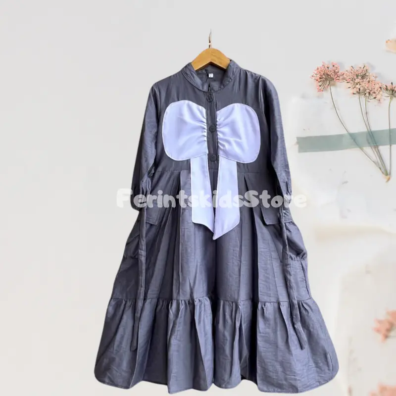 Gamis Cargo Lafana Buffy Muslim Anak Perempuan Motif Pita kupu kupu Usia 3-12 Tahun Lembut Linen Nyaman gamis Katun Remaja 2