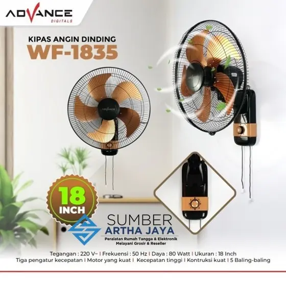 ADVANCE Wall Fan / Kipas Angin Dinding 18" WF-1835 - 5 Baling Besi, 3 Kecepatan