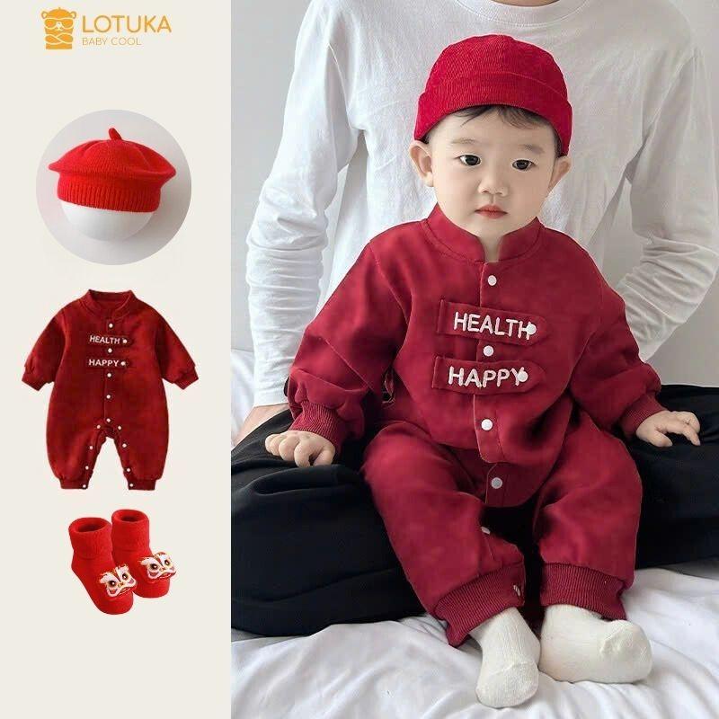 Bộ Liền Thân Đỏ Happy Lót Lông Nhung Ấm Áp Cho Bé, Bodysuit LOTUKA Bé Trai Bé Gái, Quần Áo Trẻ Em Size 3-12kg