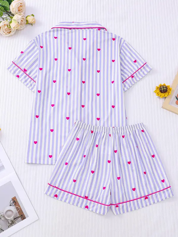 Women's All Over Print Pajama Two-piece Set, Casual Comfy Short Sleeve Top & Shorts PJ Set, Ladies Summer Sleepwear, Loungewear, Womenswear 1