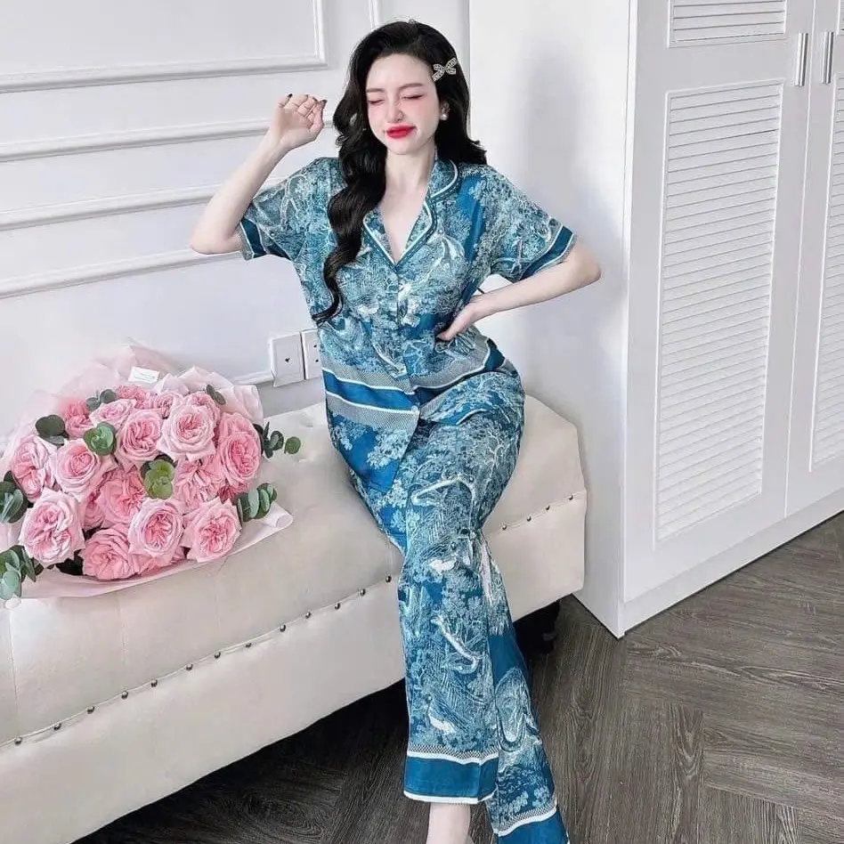 Bộ Pijama Dành Cho Nữ Tay Ngắn Quần Dài In Hoa Văn Có Túi Free Size Từ 40-60kg