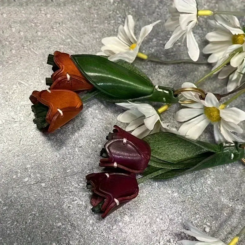 bag charm [Leather Keychain] Colorful Handmade PU Leather Rose Keychain | Tulip Flower Design with Metal Ring, Accessory for Womens Bags, Wallets, or Keys, Perfect Valentines Day Gift, Bag Accessory | Decorative Keychain | PU Leather Tulip 2