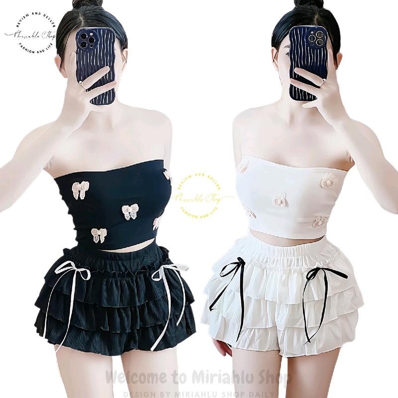 Set Outfit Cute, Áo Ống Xếp Ly Đính Nơ Tùm Lum Kèm Quần Tầng Len Gân Đính Nơ Dài, Sò Nữ Women Thun Top Kem Ong Croptop Dáng Ngắn