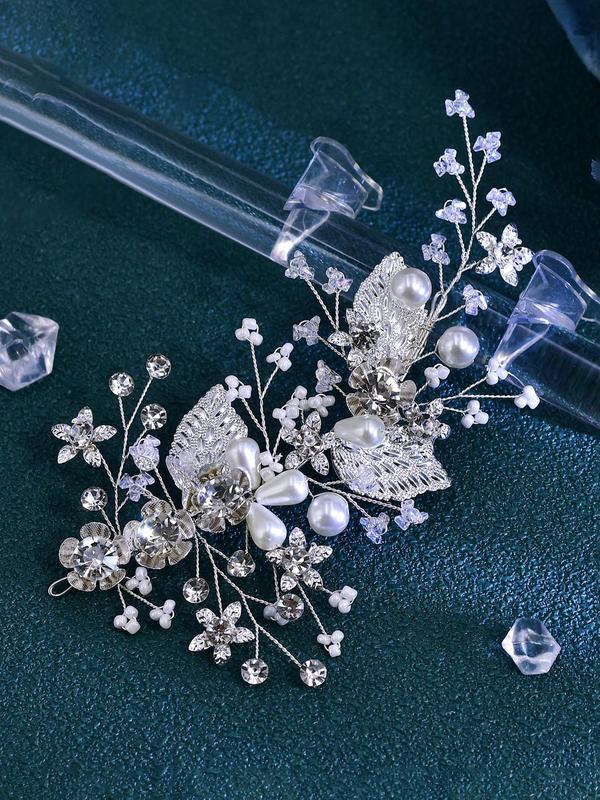 Faux Pearl & Artificial Crystal Decor Leaf Design Headwear, Elegant Bridal Headwear for Wedding Bridal Party Formal Occasions, Minimalist Hair Accessories for Bridal Hairstyle 4