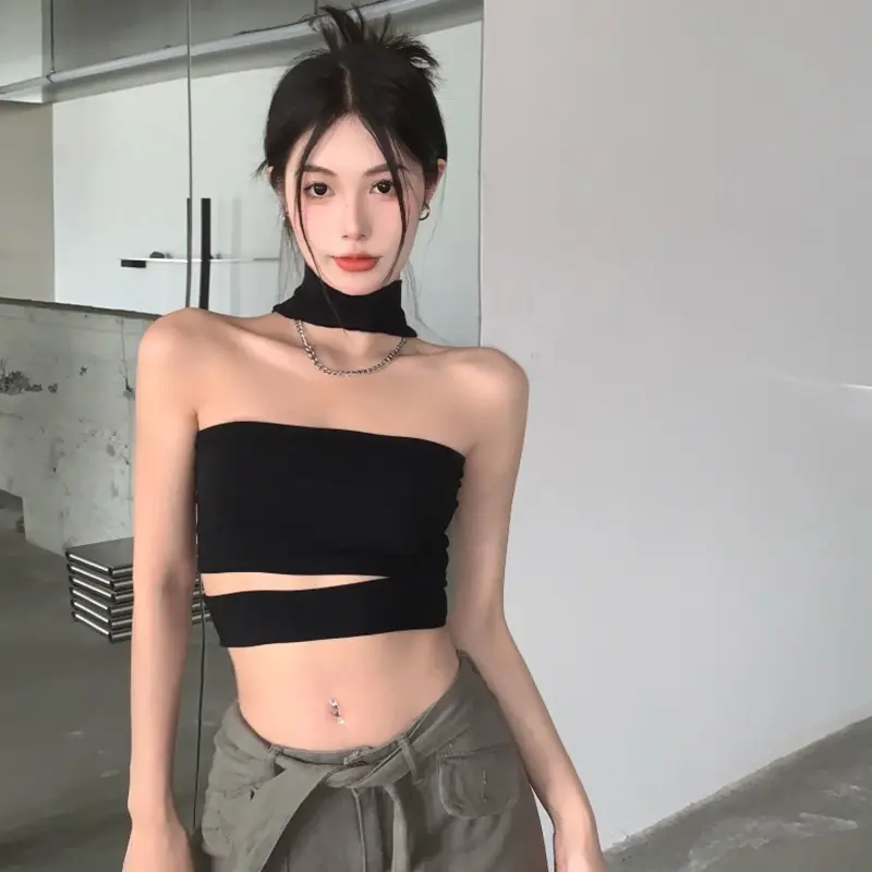 Women Halter Sleeveless Tops Slim Fit Summer Casual Solid Color Backless Crop Tube Tops Streetwear